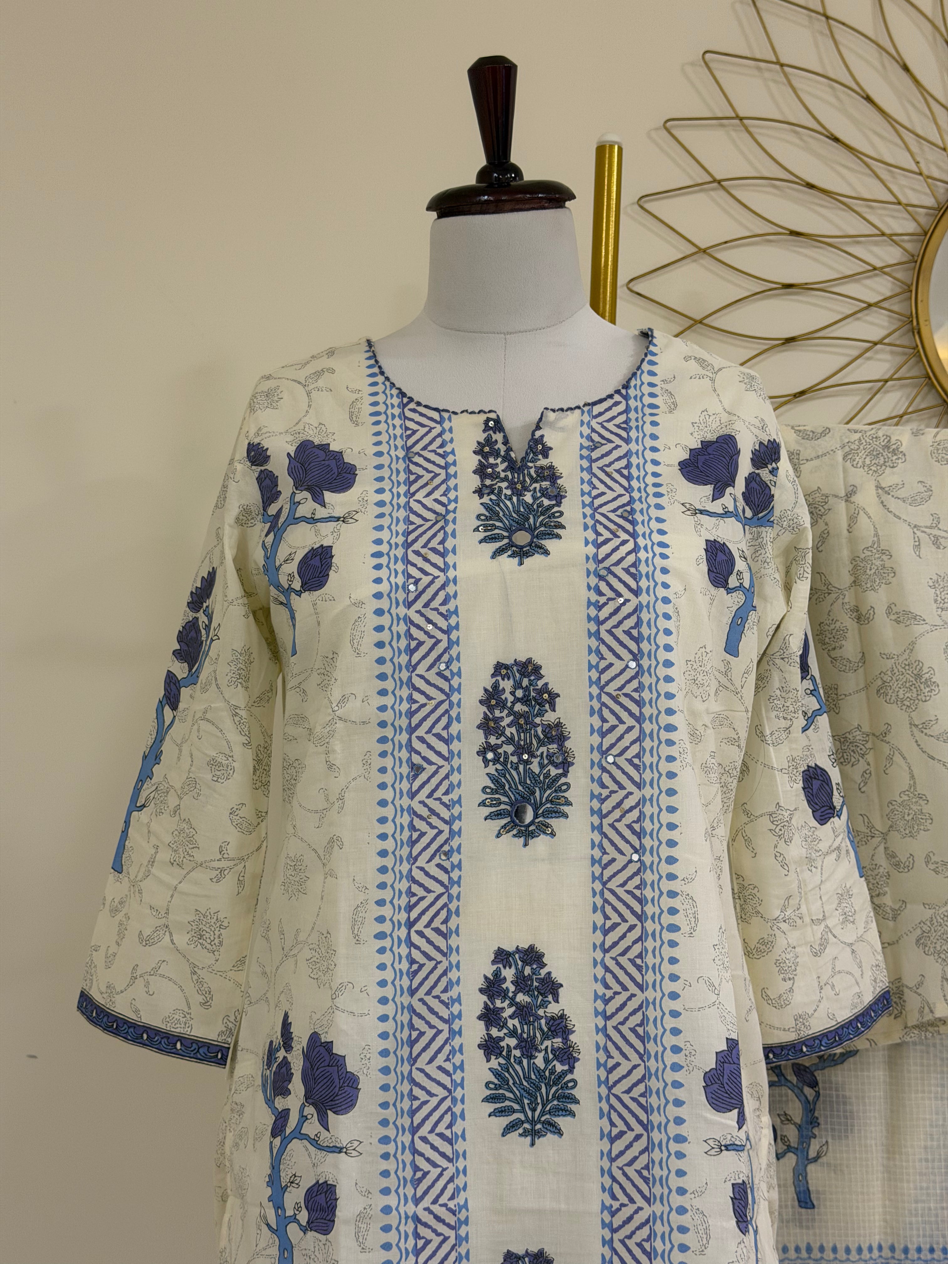 White & Purple Block Print Cotton 3-Piece Suit Set