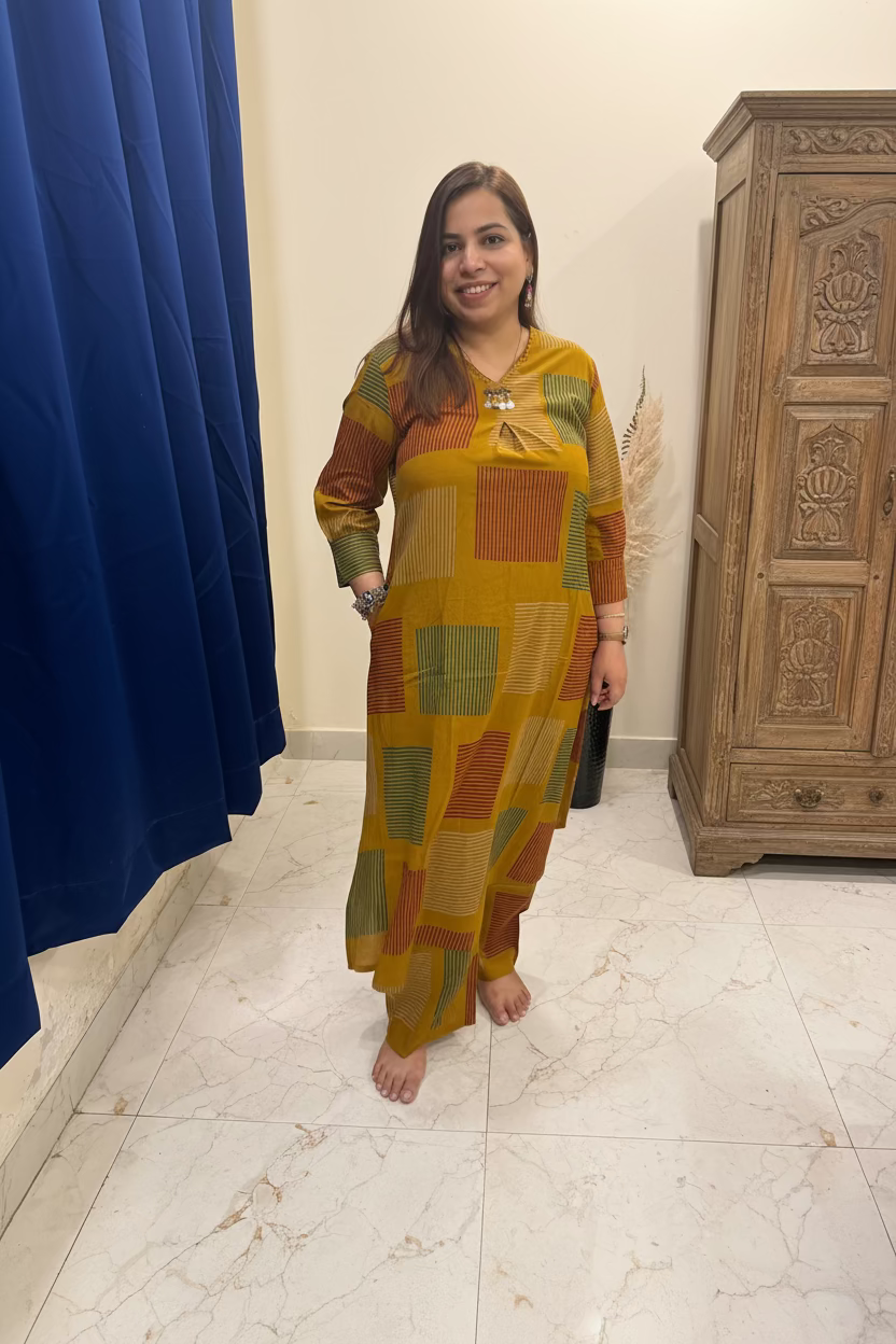 Mustard Cotton Co-ord Set with Designer Neckline