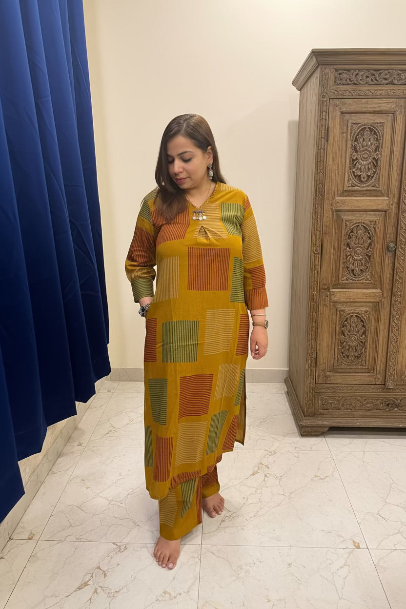 Mustard Cotton Co-ord Set with Designer Neckline