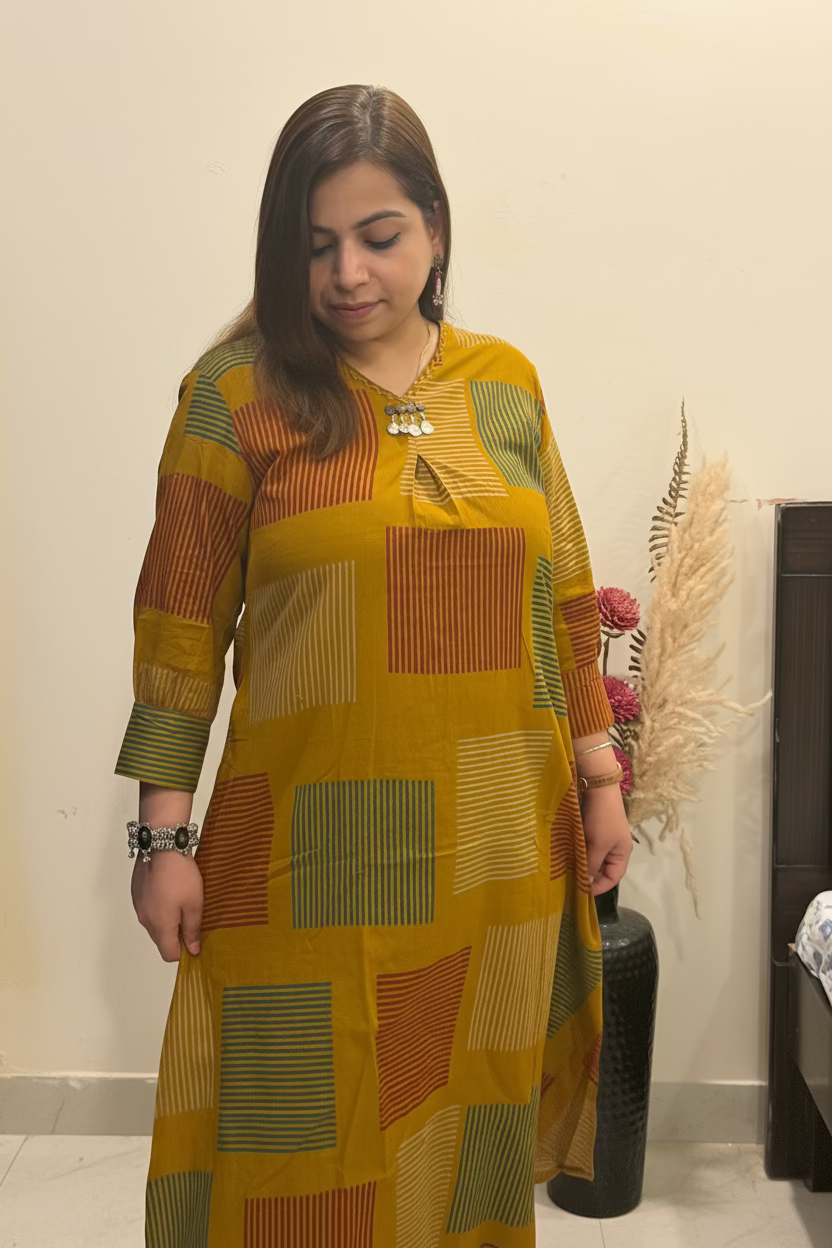 Mustard Cotton Co-ord Set with Designer Neckline