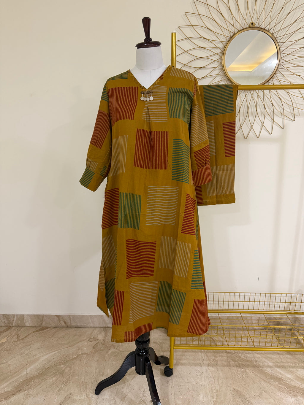 Mustard Cotton Co-ord Set with Designer Neckline