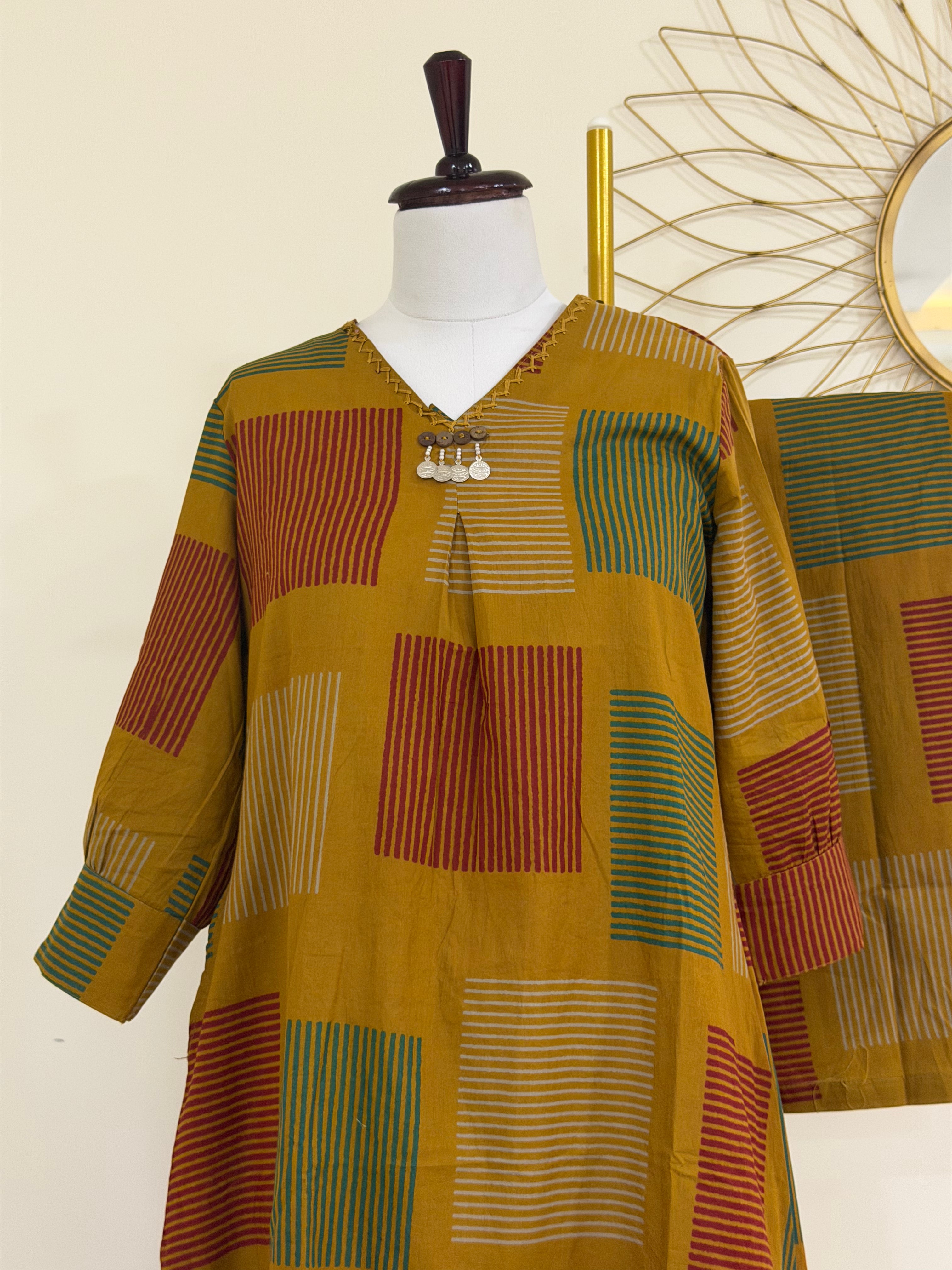 Mustard Cotton Co-ord Set with Designer Neckline