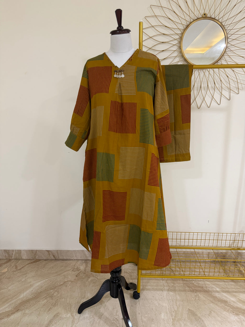 Mustard Cotton Co-ord Set with Designer Neckline