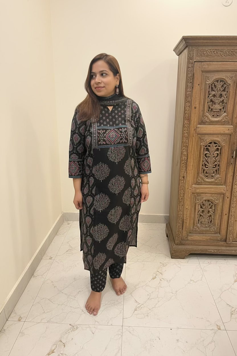 Black Cotton Block-Print 3-Piece Suit Set