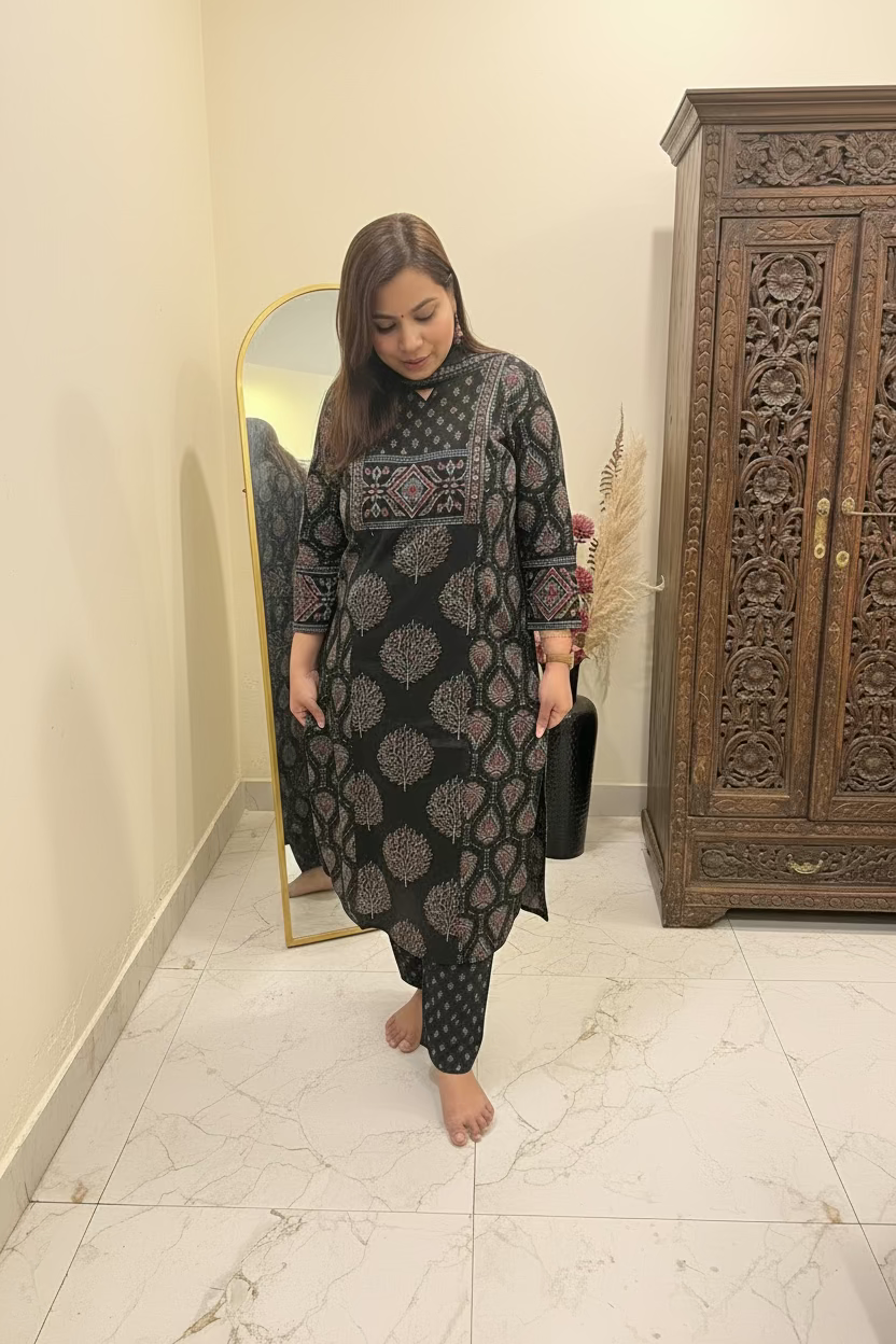 Black Cotton Block-Print 3-Piece Suit Set