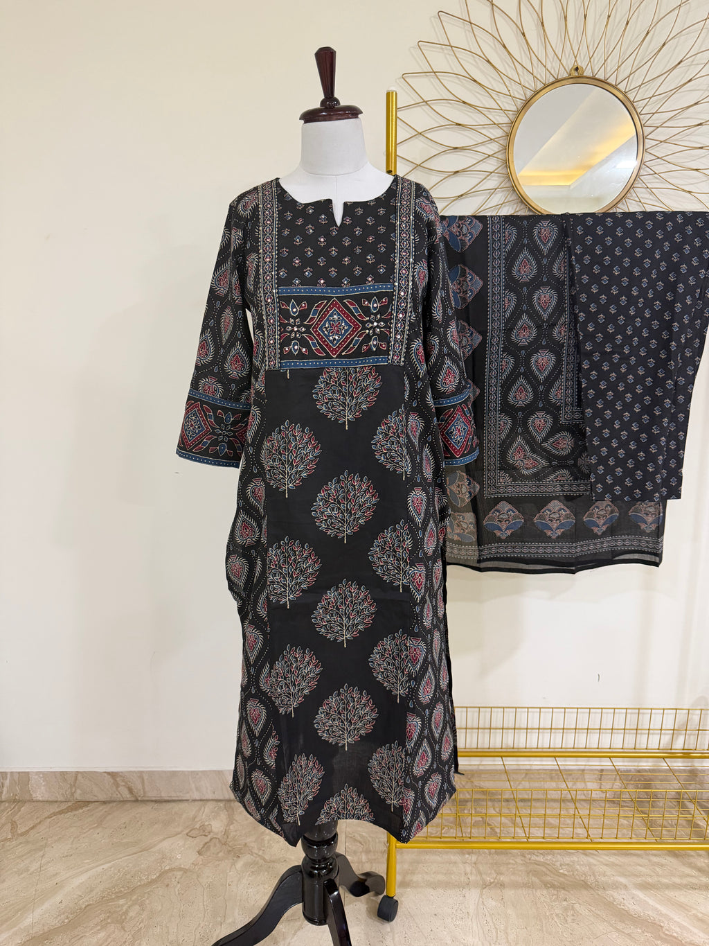 Black Cotton Block-Print 3-Piece Suit Set