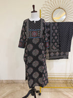 Black Cotton Block-Print 3-Piece Suit Set