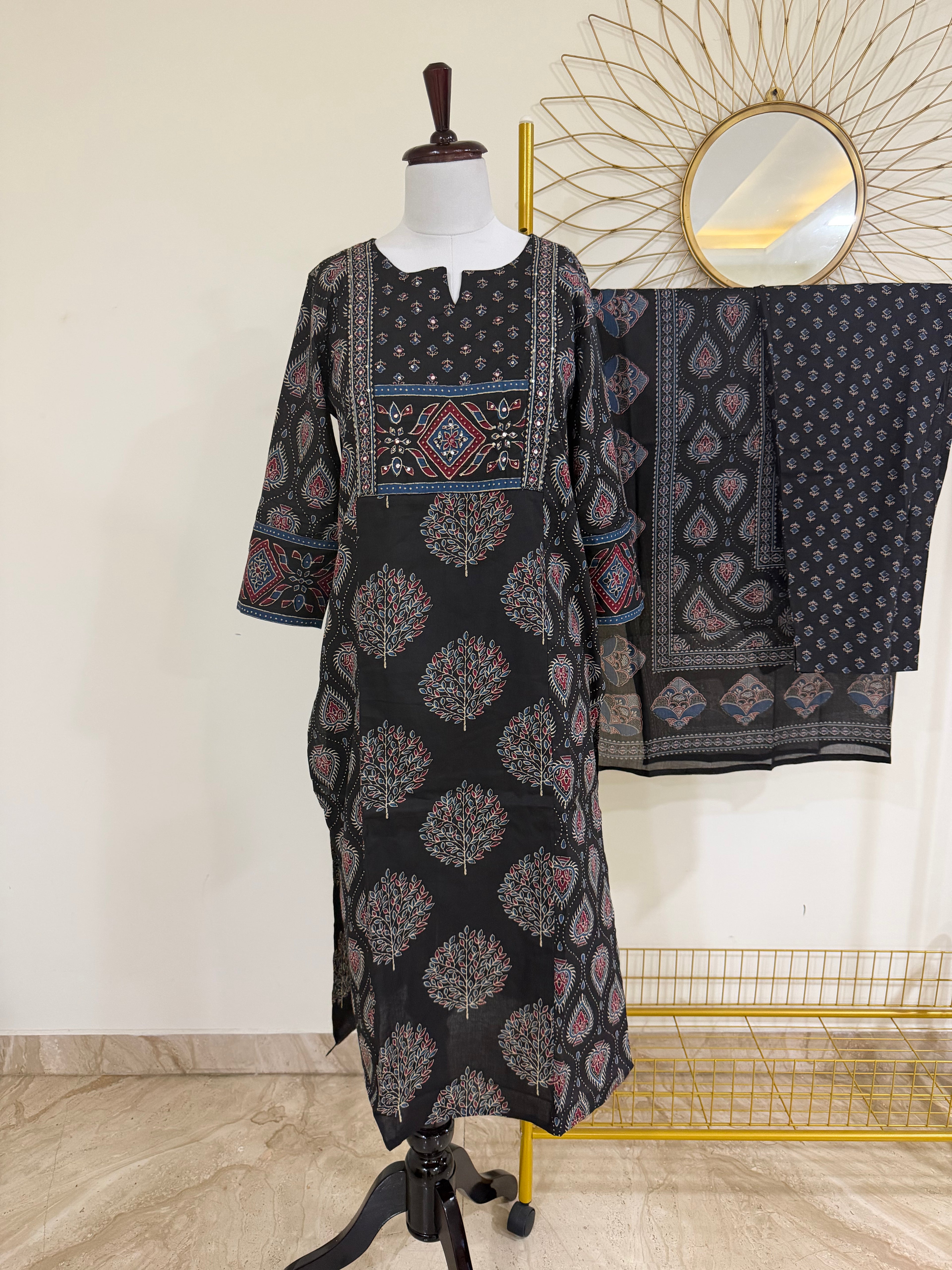 Black Cotton Block-Print 3-Piece Suit Set