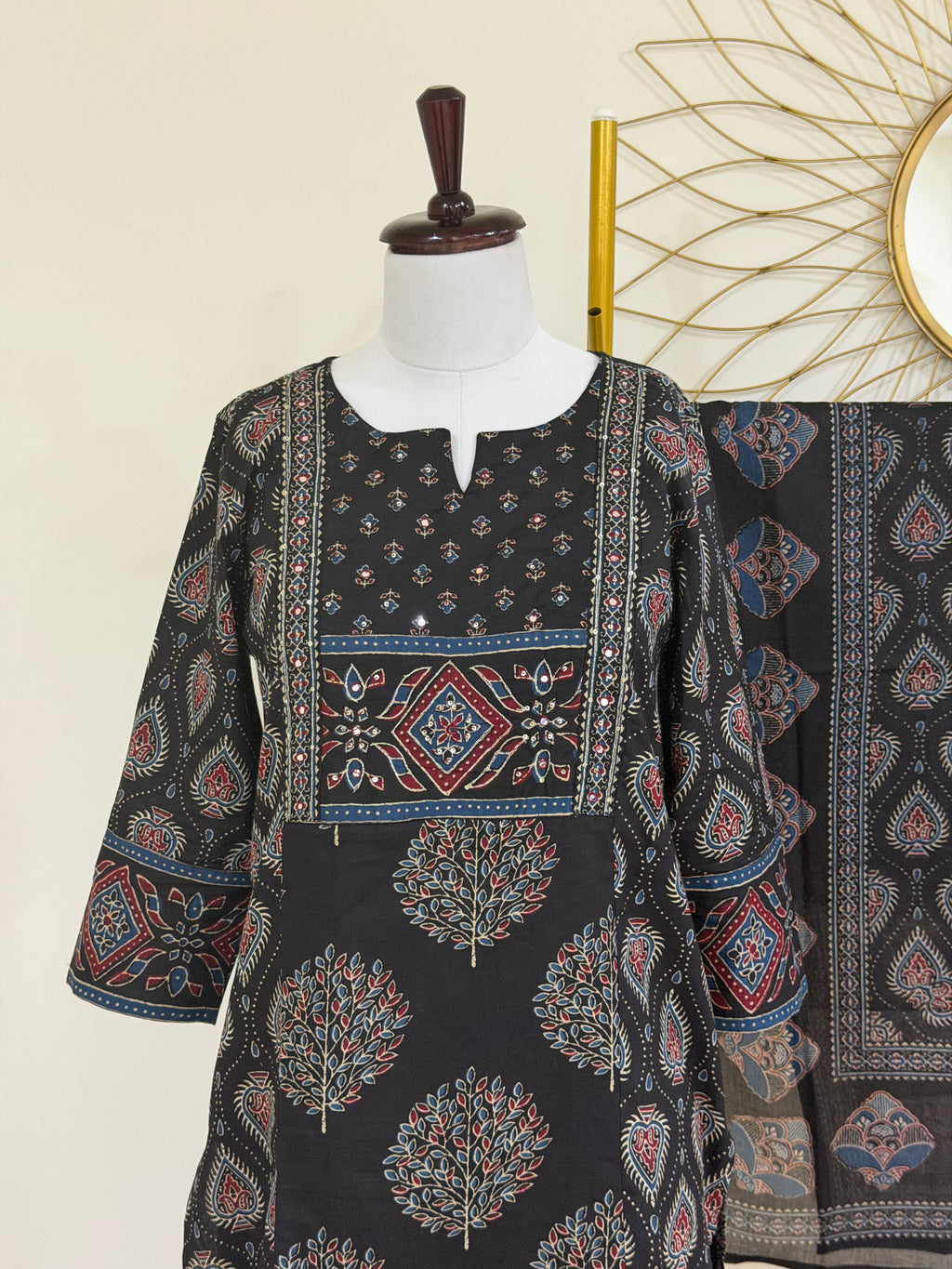 Black Cotton Block-Print 3-Piece Suit Set