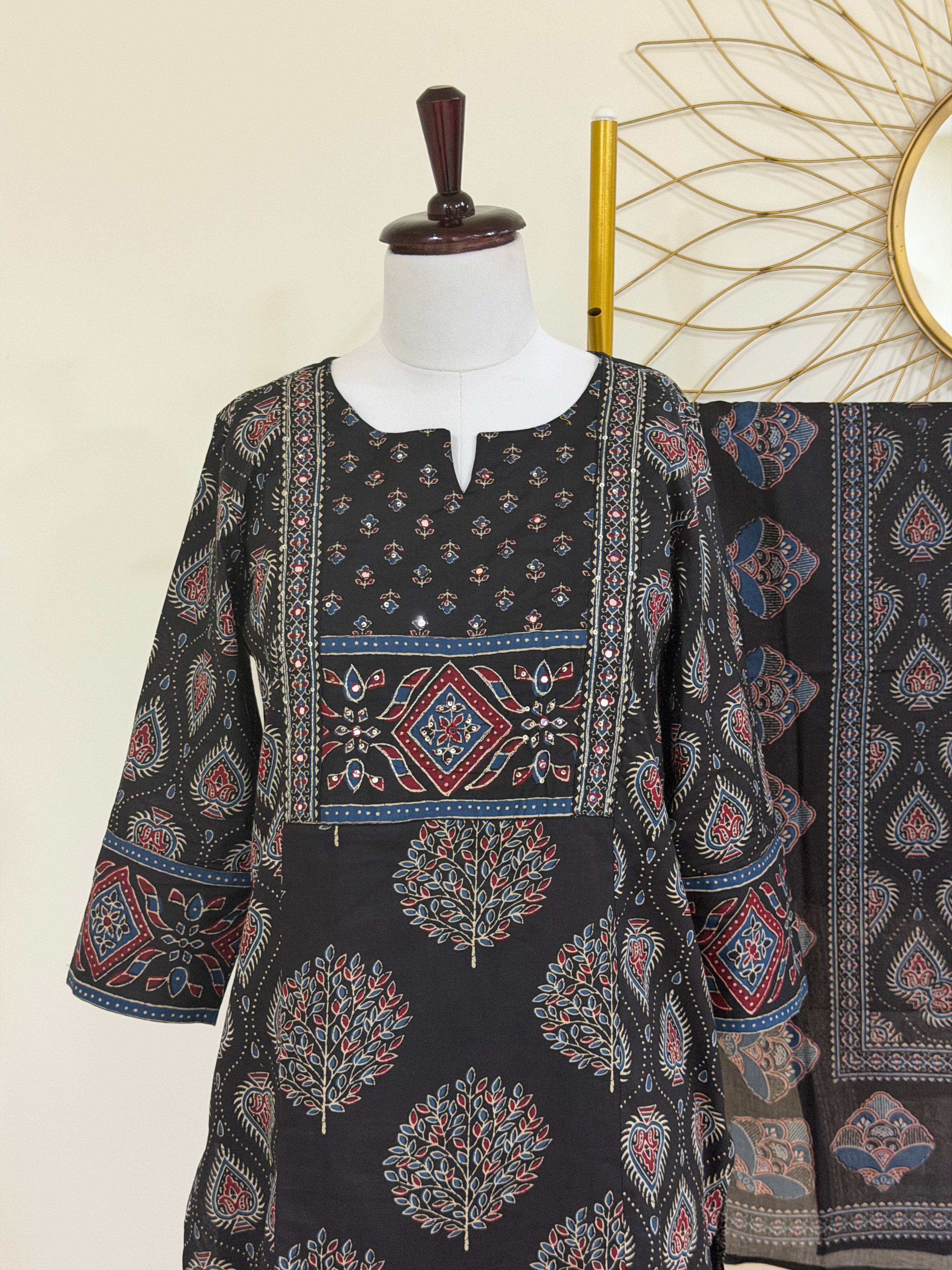 Black Cotton Block-Print 3-Piece Suit Set