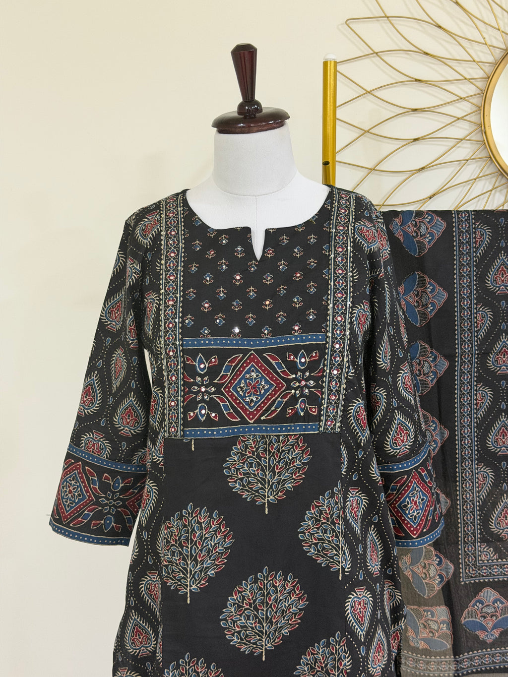 Black Cotton Block-Print 3-Piece Suit Set