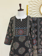 Black Cotton Block-Print 3-Piece Suit Set