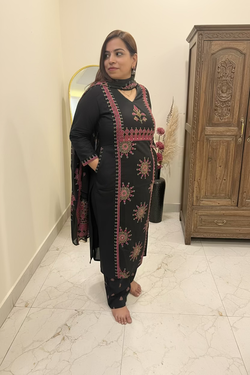 Black & Magenta Cotton 3-Piece Suit Set