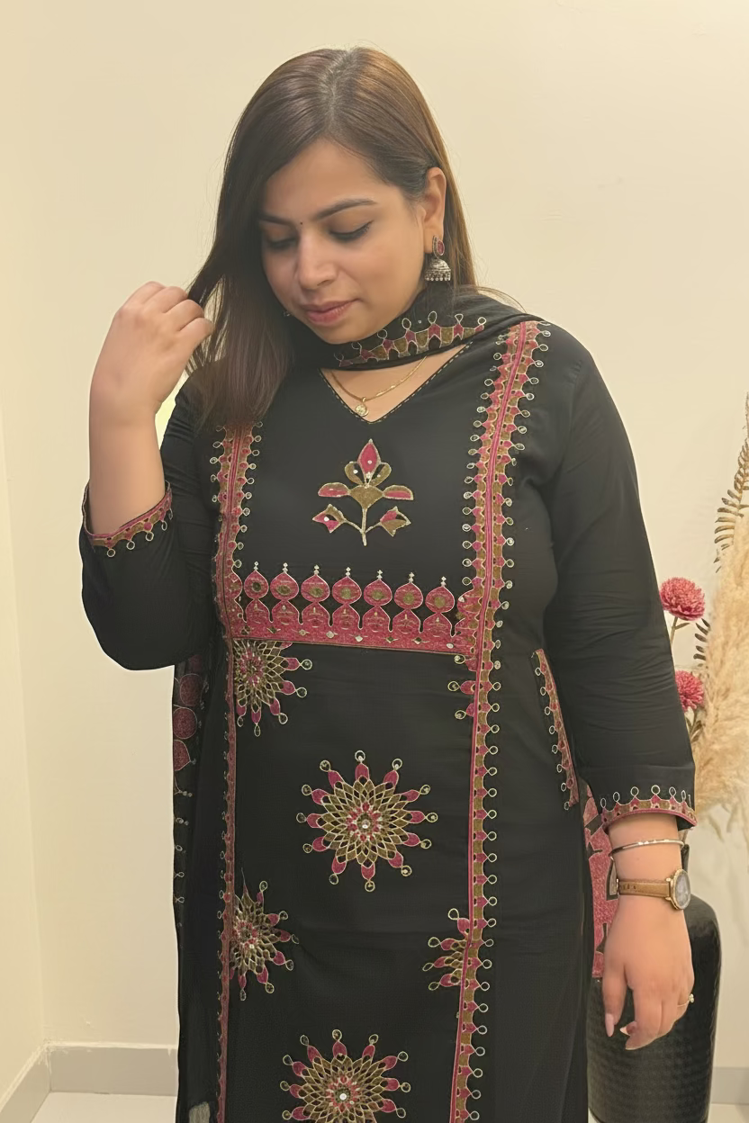 Black & Magenta Cotton 3-Piece Suit Set