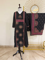Black & Magenta Cotton 3-Piece Suit Set
