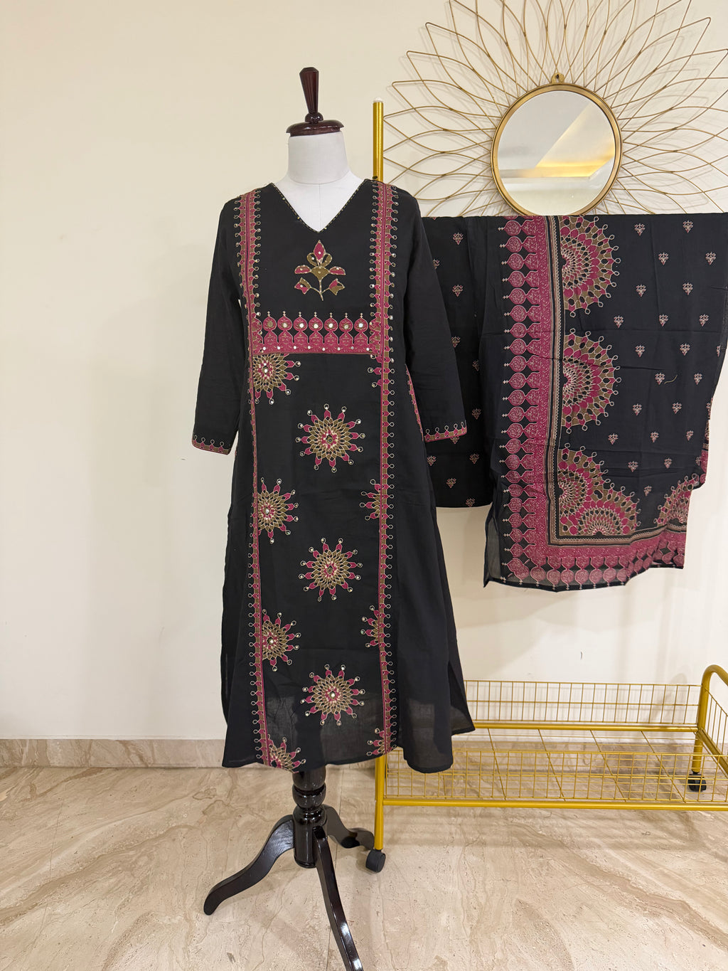Black & Magenta Cotton 3-Piece Suit Set