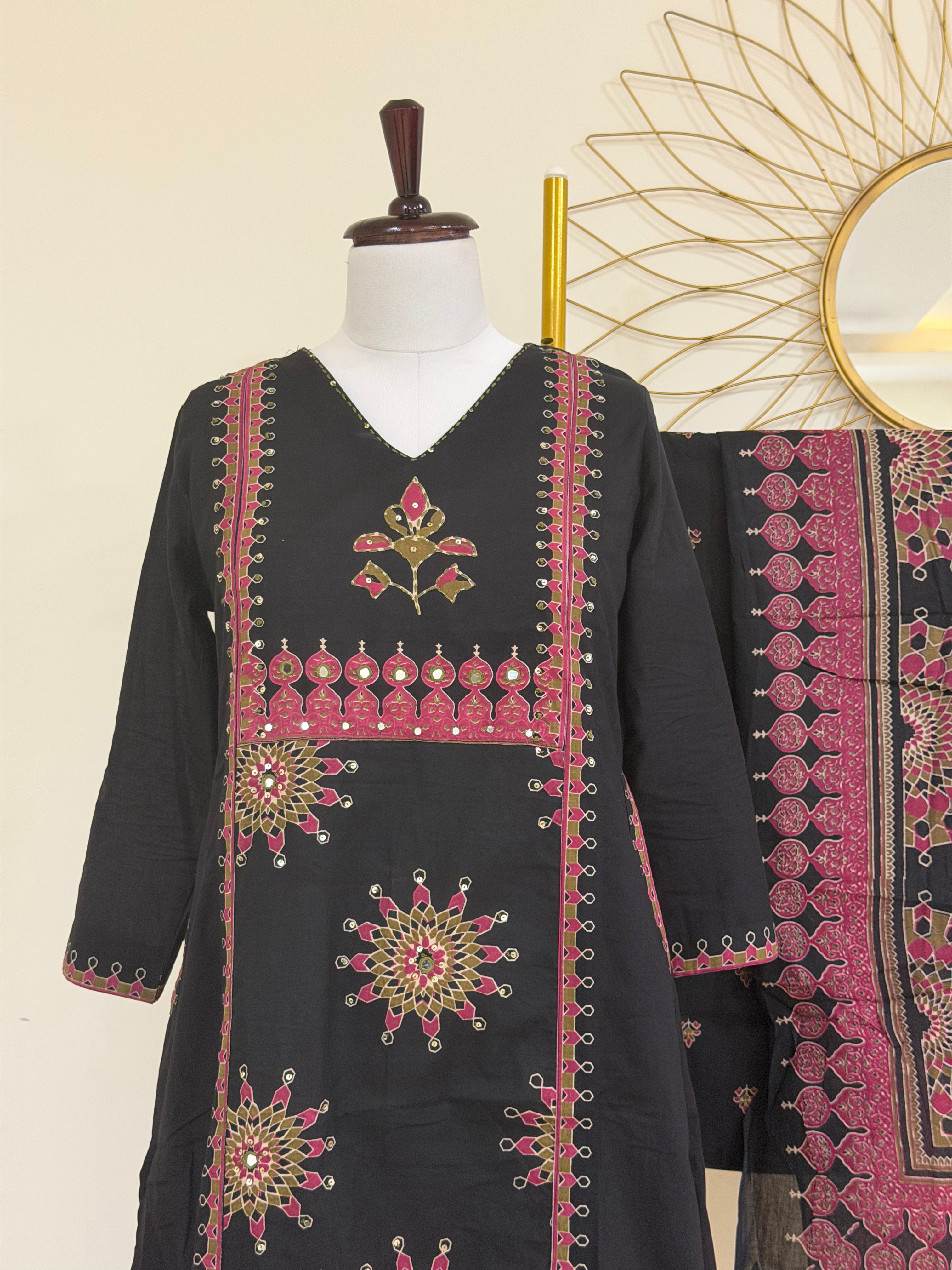 Black & Magenta Cotton 3-Piece Suit Set