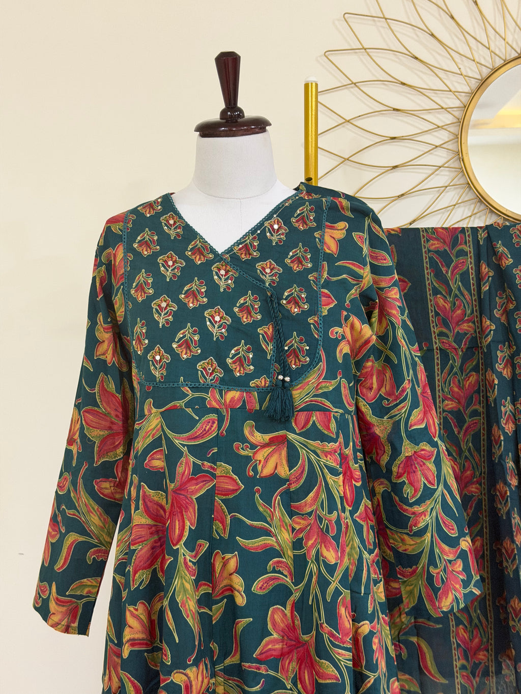 Rama Green Cotton 3-Piece Angrakha Neck Suit Set