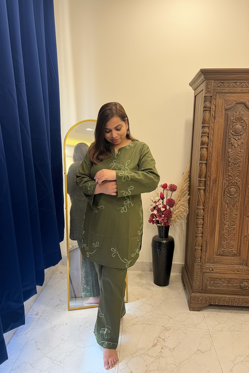 Olive Green Co-ord Set with Organic Thread Work