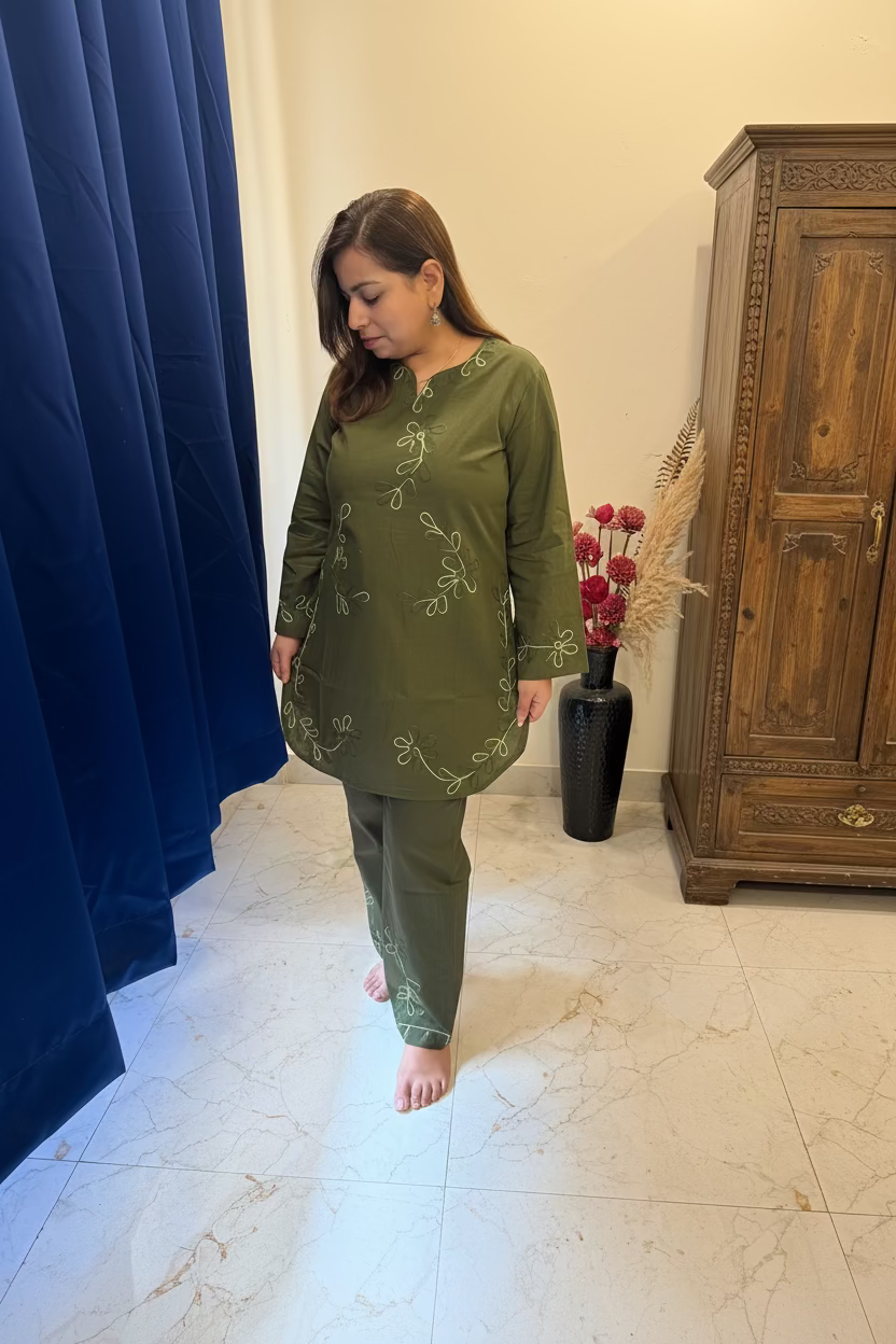 Olive Green Co-ord Set with Organic Thread Work