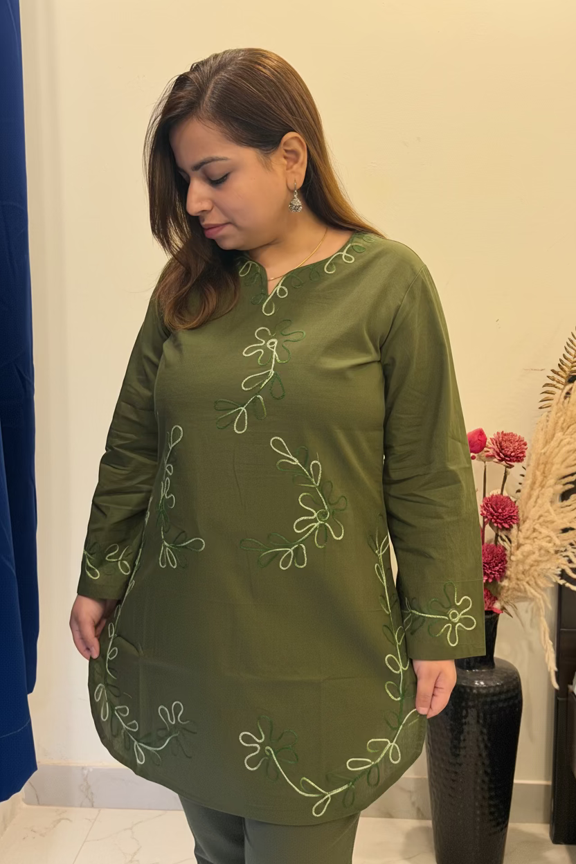 Olive Green Co-ord Set with Organic Thread Work
