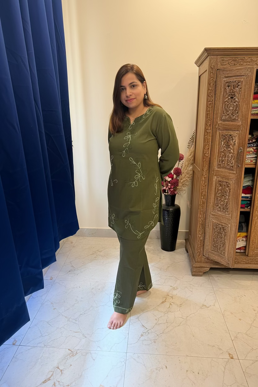 Olive Green Co-ord Set with Organic Thread Work