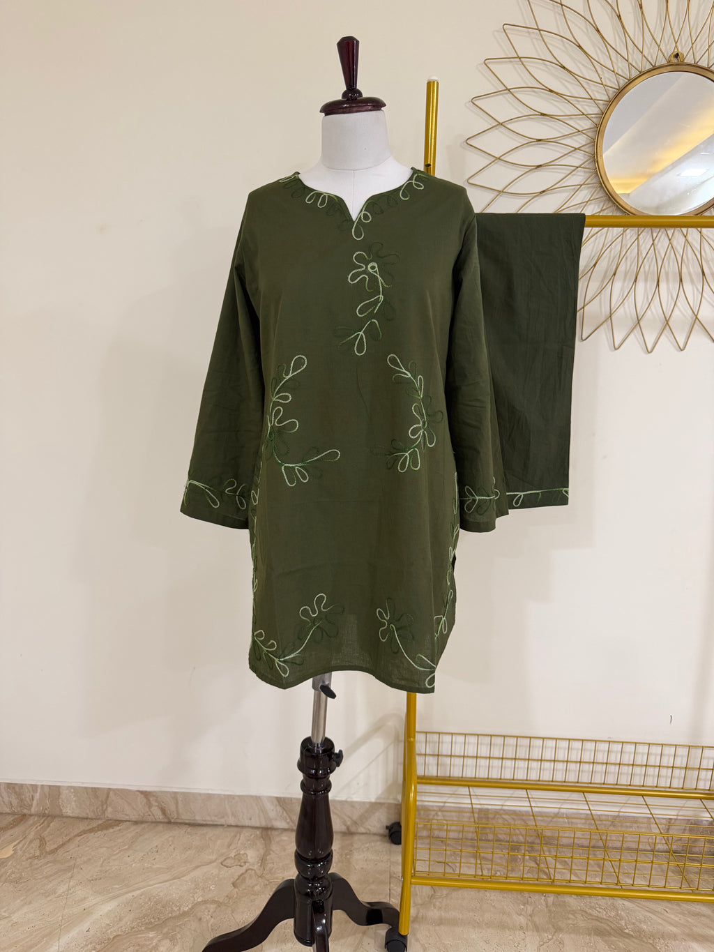 Olive Green Co-ord Set with Organic Thread Work