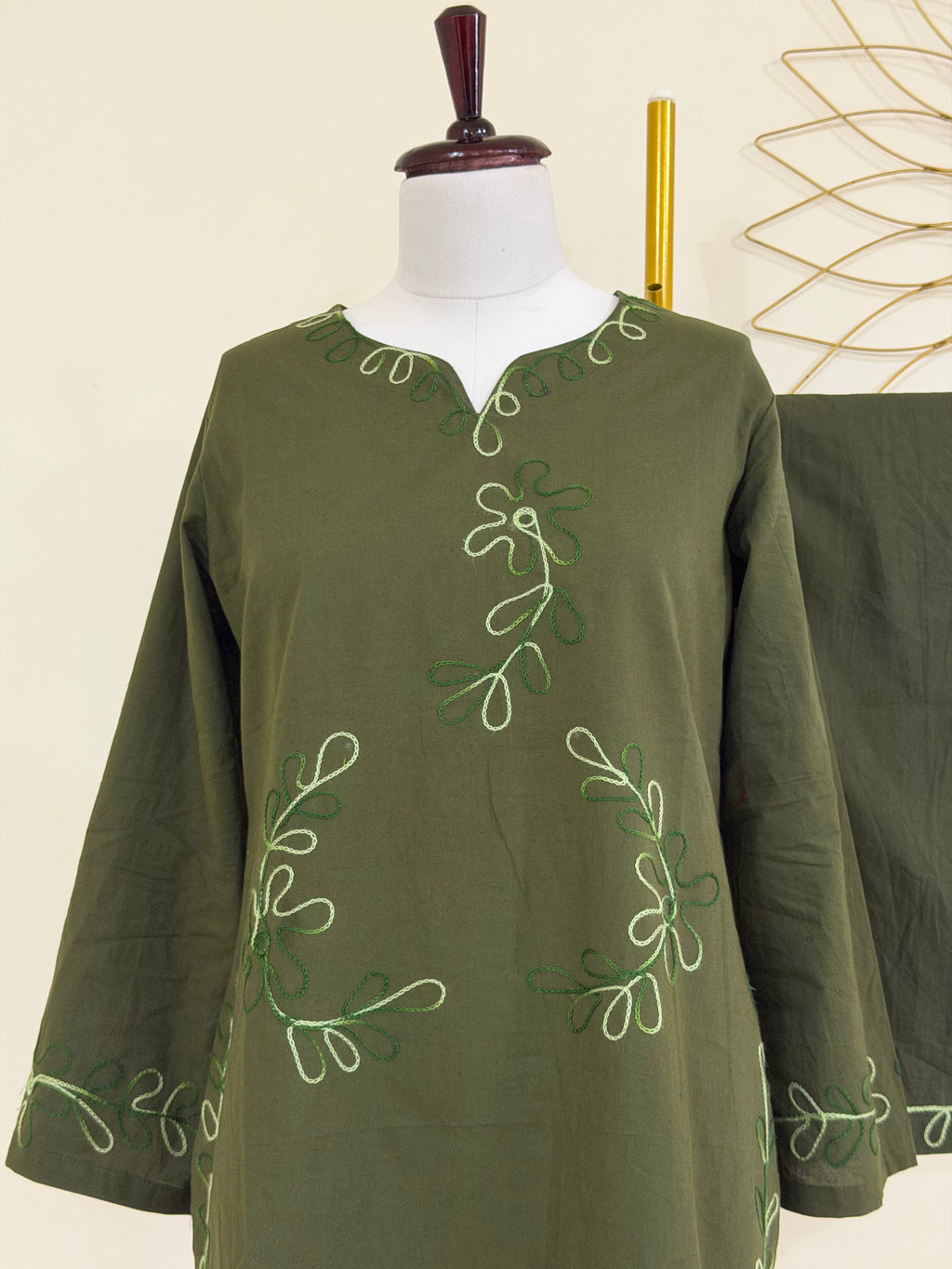 Olive Green Co-ord Set with Organic Thread Work