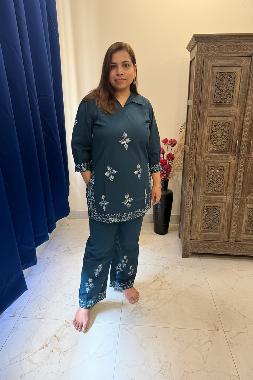 Teal Blue Co-ord Set with Delicate Thread Work