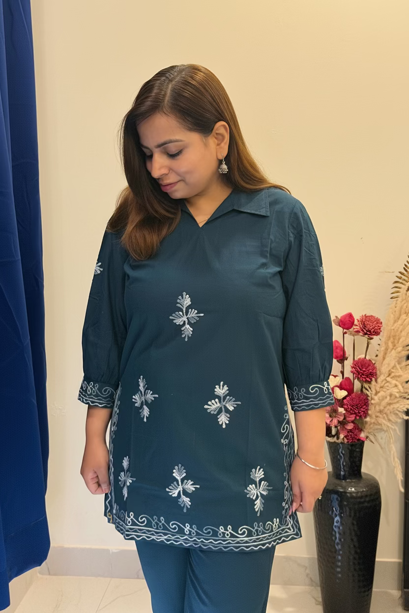 Teal Blue Co-ord Set with Delicate Thread Work