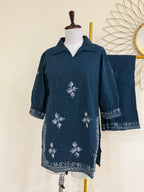 Teal Blue Co-ord Set with Delicate Thread Work