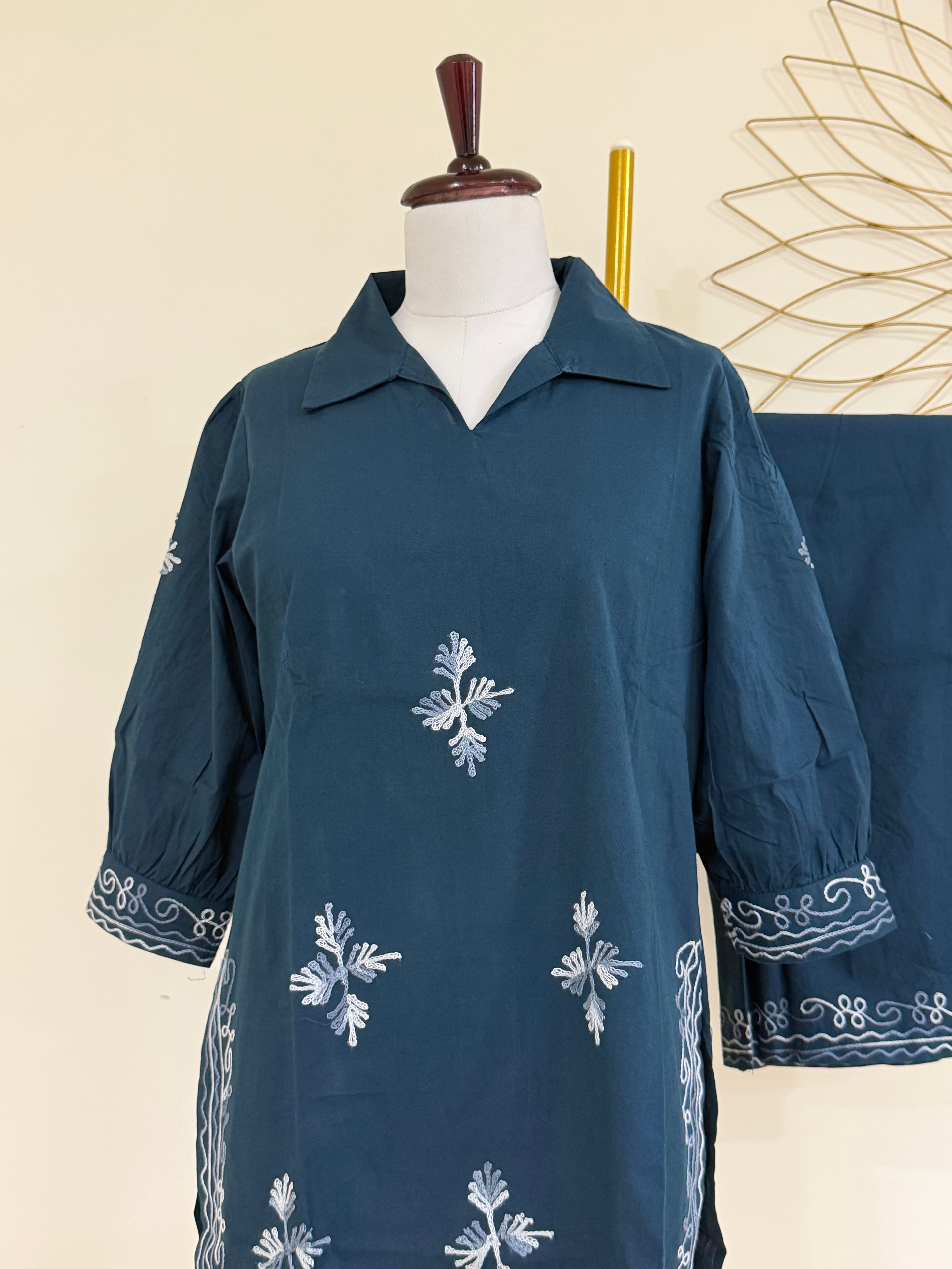 Teal Blue Co-ord Set with Delicate Thread Work