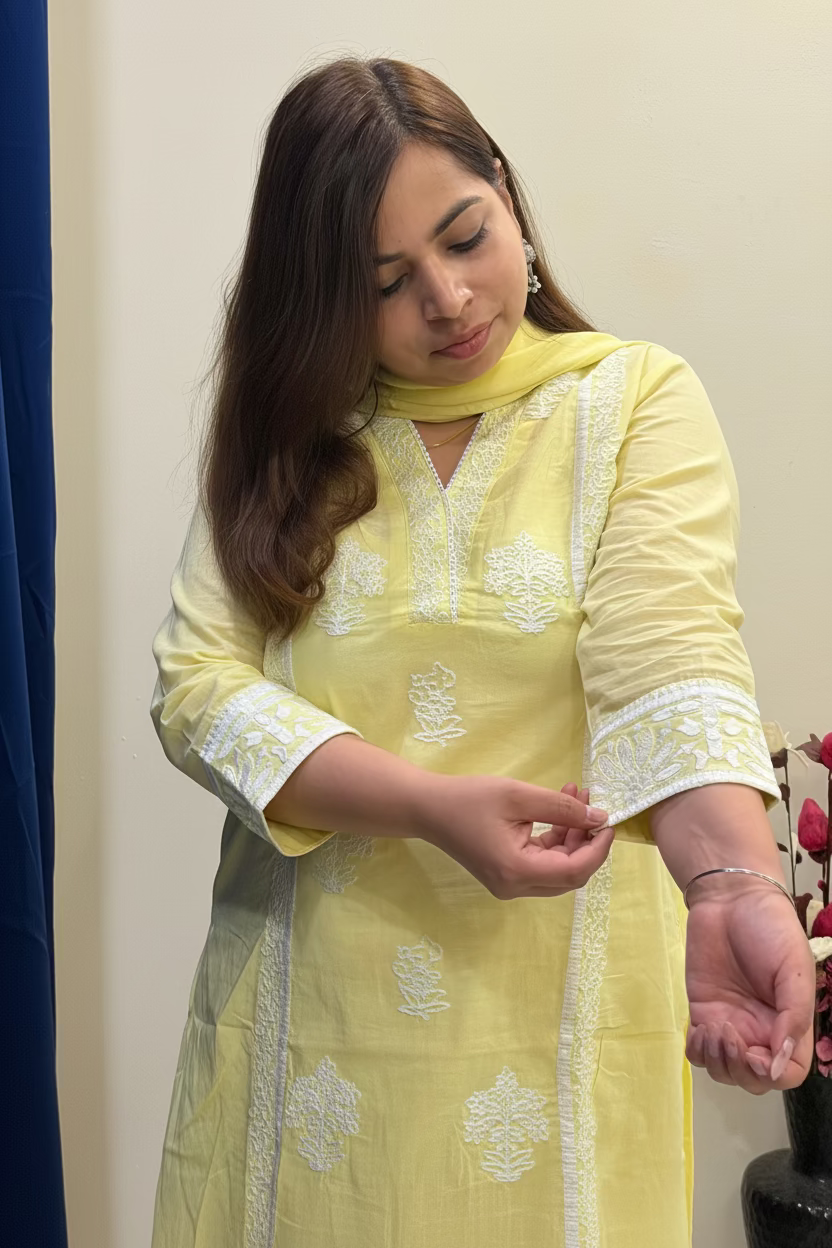 Lemon Yellow Chikankari Pure Cotton 3-Piece Suit Set