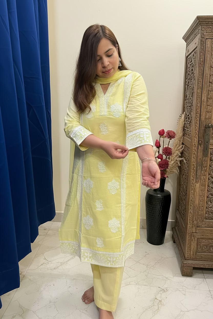 Lemon Yellow Chikankari Pure Cotton 3-Piece Suit Set