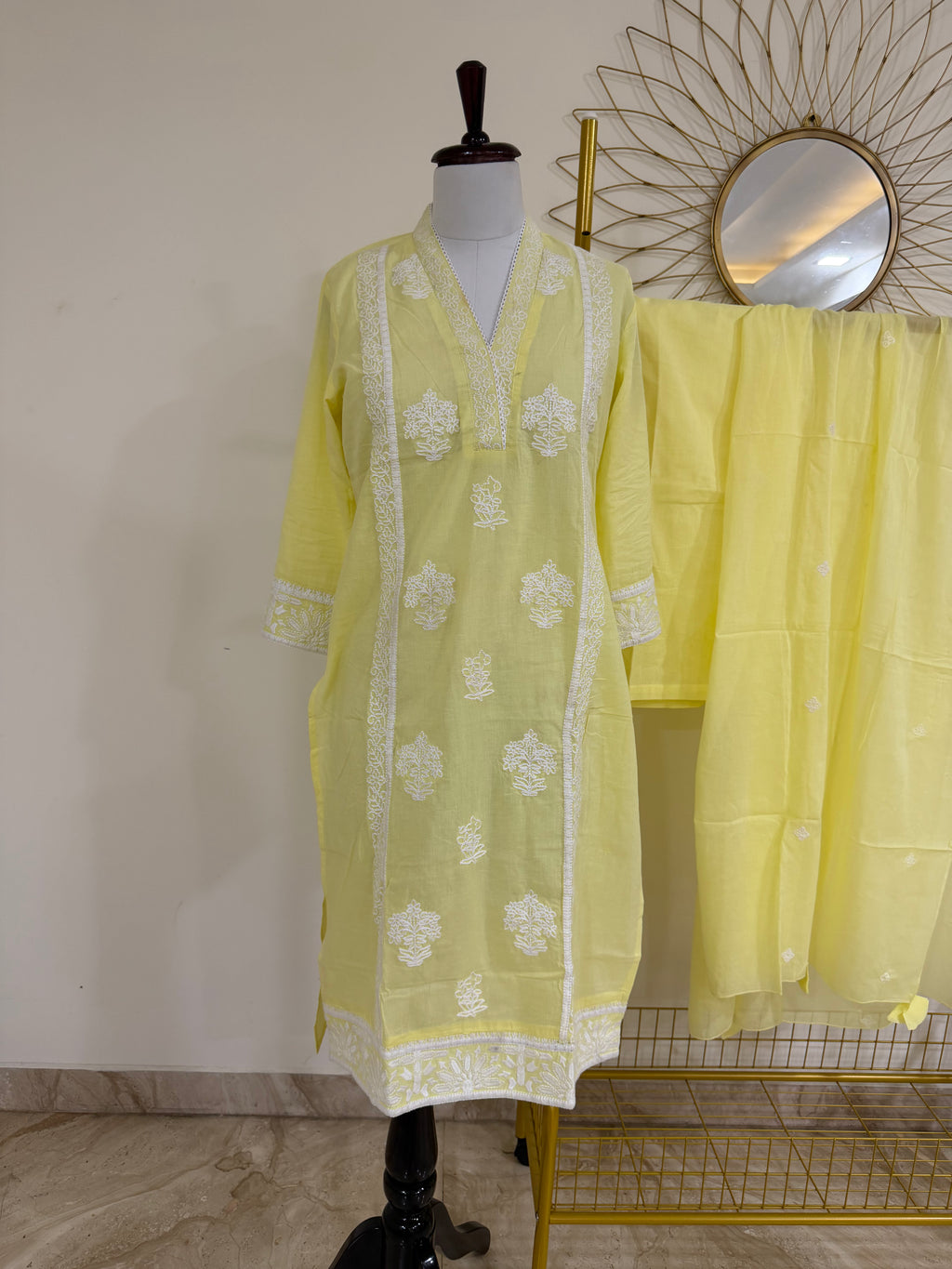 Lemon Yellow Chikankari Pure Cotton 3-Piece Suit Set