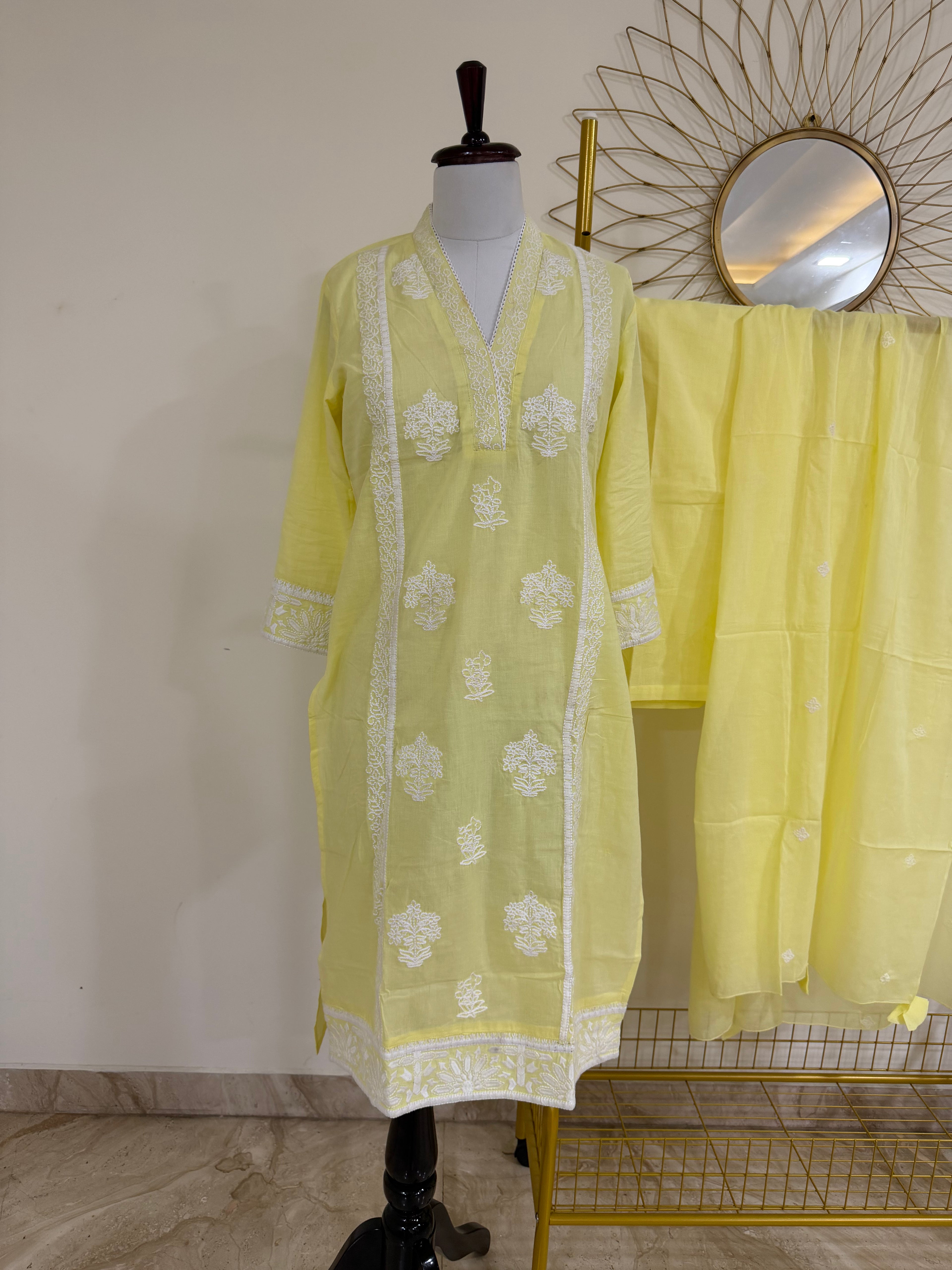 Lemon Yellow Chikankari Pure Cotton 3-Piece Suit Set