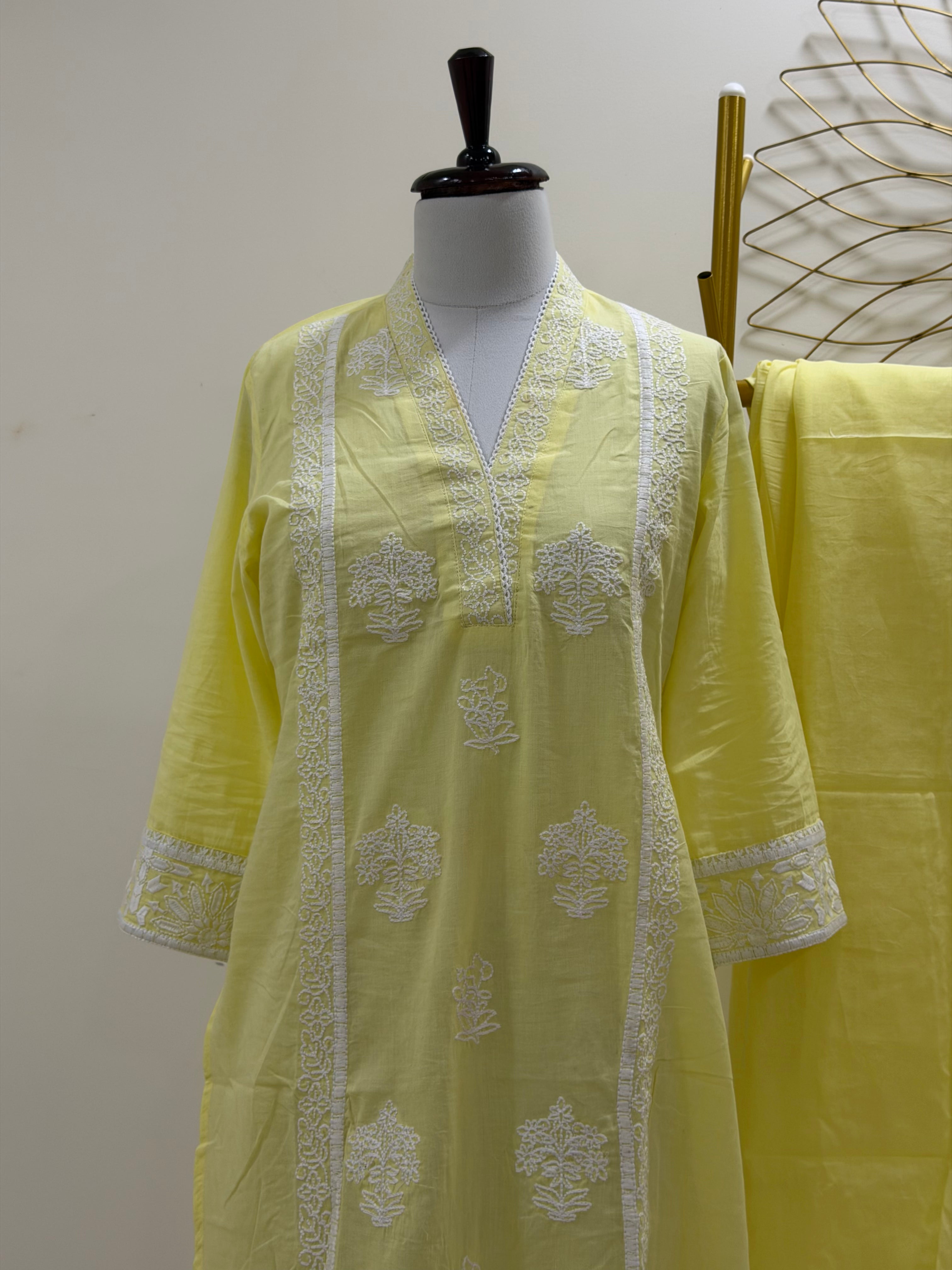 Lemon Yellow Chikankari Pure Cotton 3-Piece Suit Set