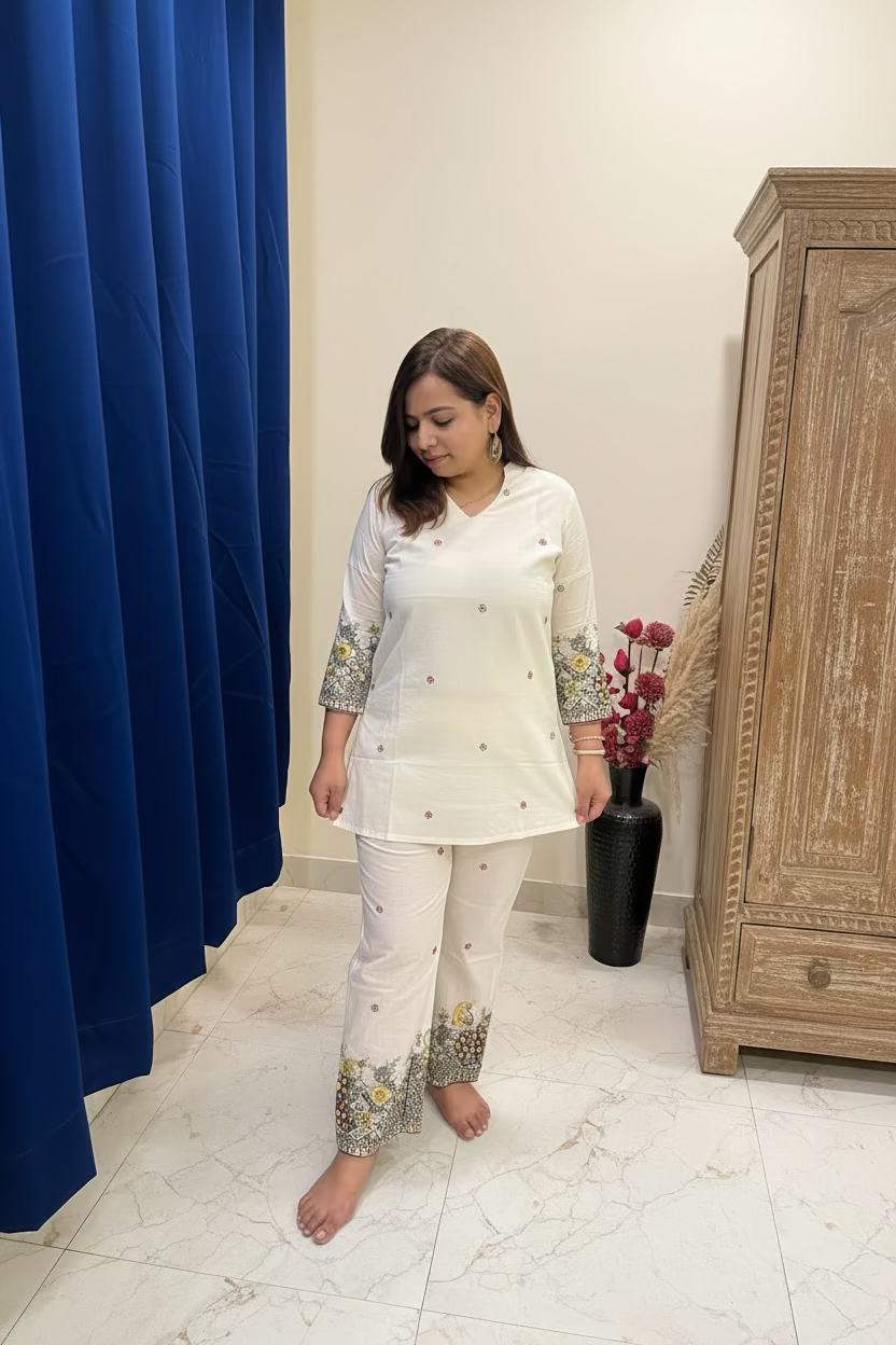 Off-White Cotton Co-ord Set with Multicolor Embroidery