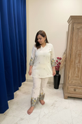 Off-White Cotton Co-ord Set with Multicolor Embroidery