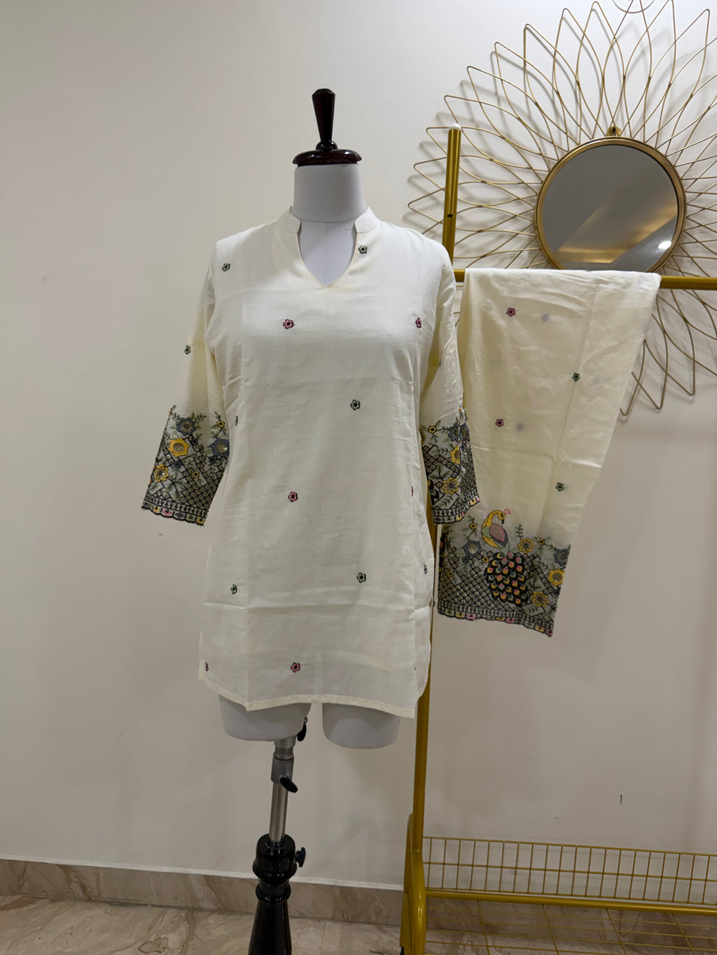 Off-White Cotton Co-ord Set with Multicolor Embroidery