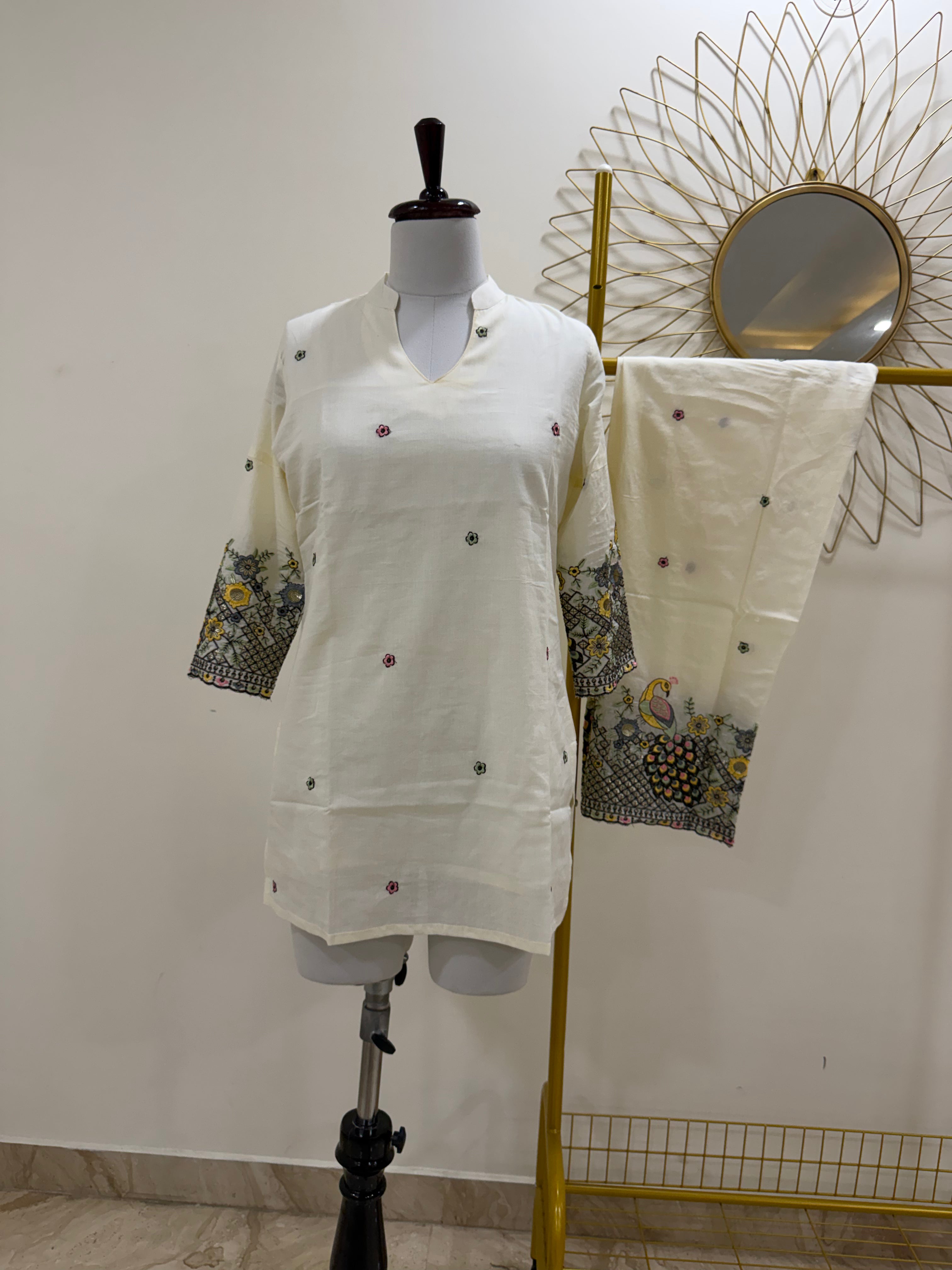 Off-White Cotton Co-ord Set with Multicolor Embroidery