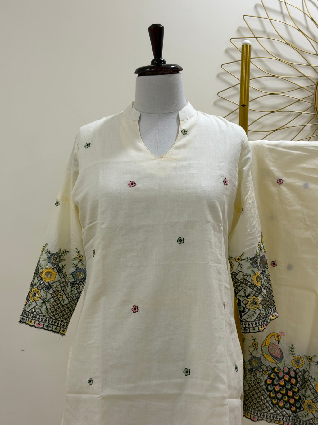 Off-White Cotton Co-ord Set with Multicolor Embroidery