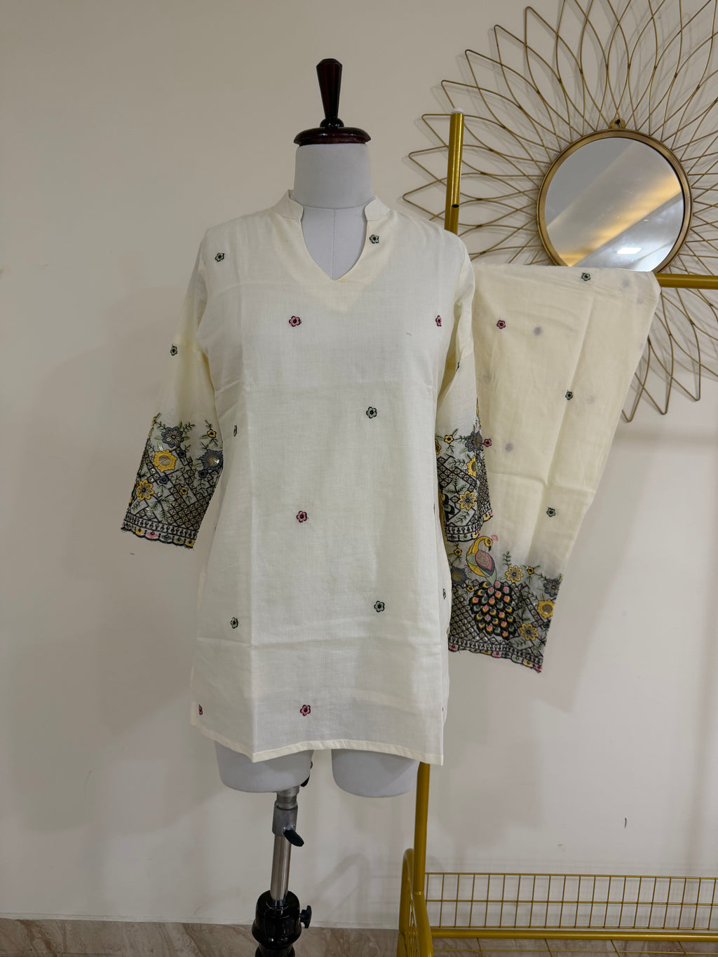 Off-White Cotton Co-ord Set with Multicolor Embroidery