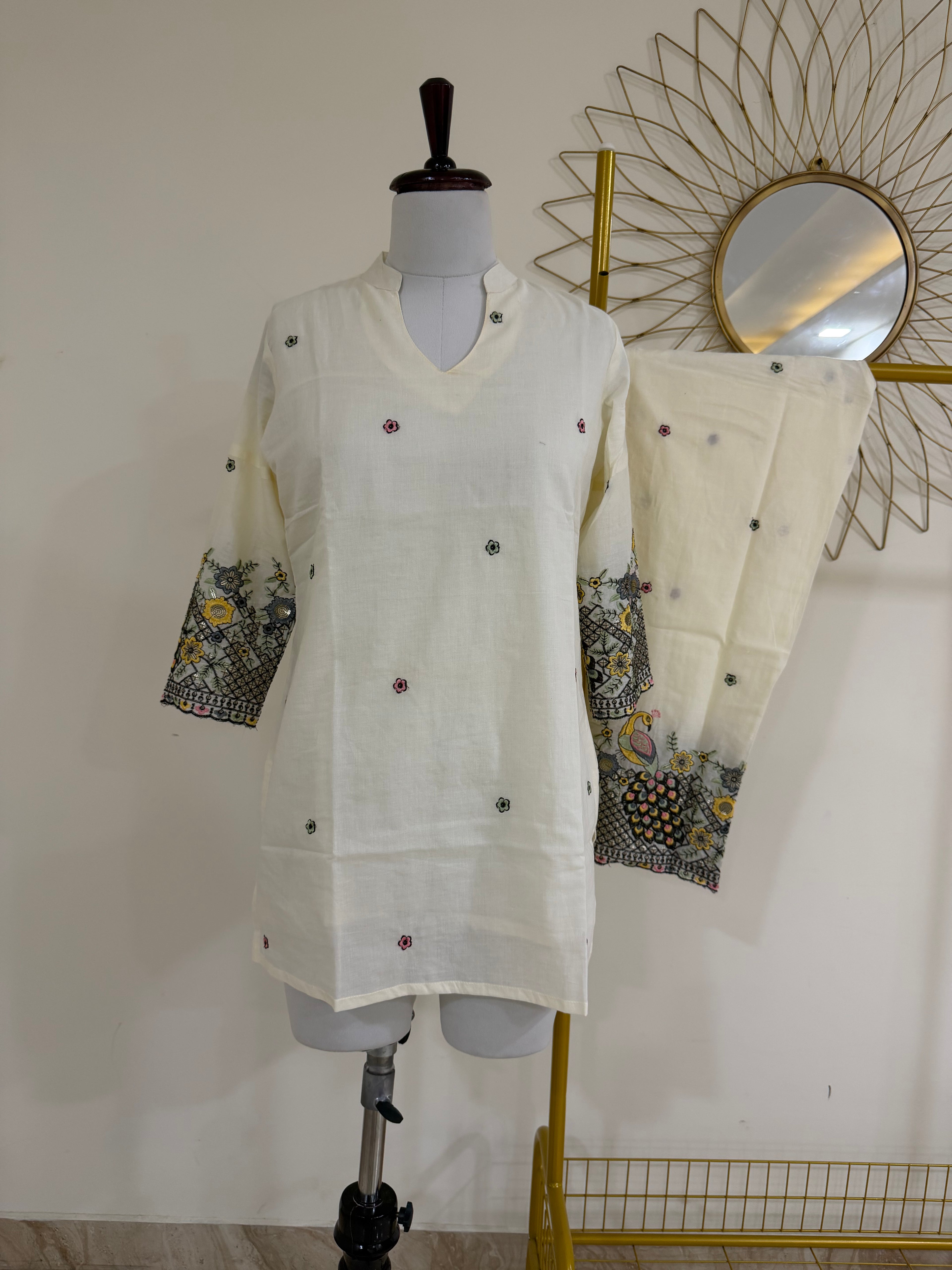 Off-White Cotton Co-ord Set with Multicolor Embroidery