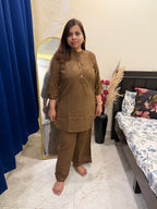 Earthen Brown Cotton Co-ord Set with Cut Work Detail