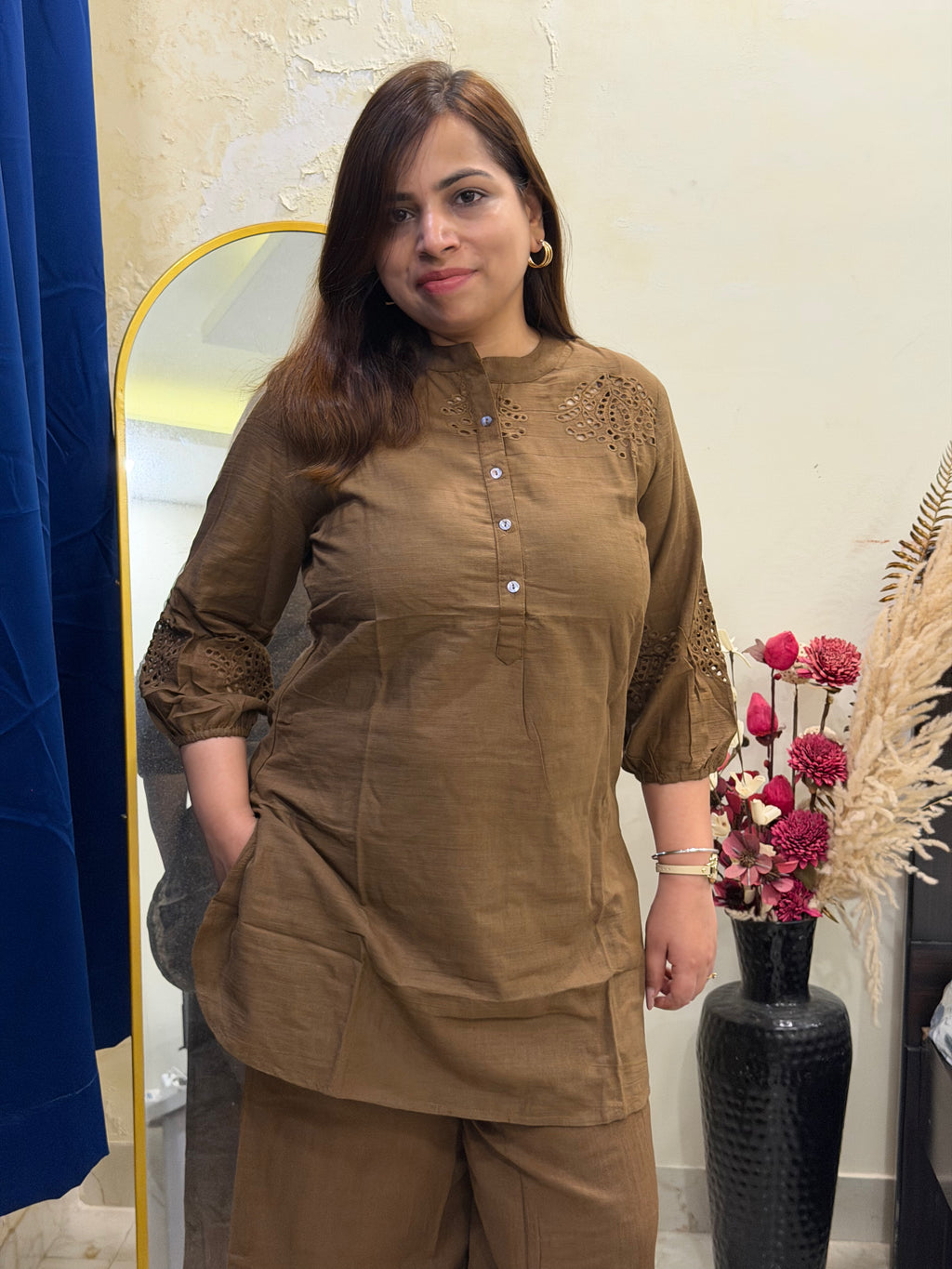 Earthen Brown Cotton Co-ord Set with Cut Work Detail