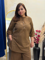 Earthen Brown Cotton Co-ord Set with Cut Work Detail