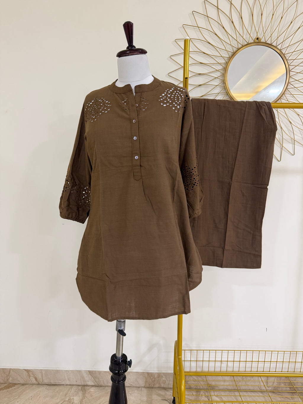 Earthen Brown Cotton Co-ord Set with Cut Work Detail