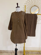 Earthen Brown Cotton Co-ord Set with Cut Work Detail