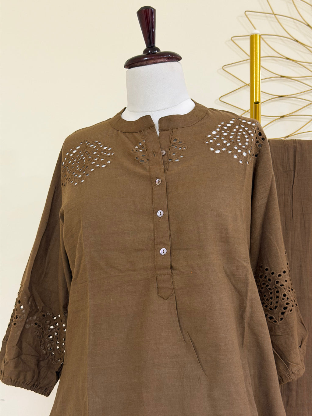 Earthen Brown Cotton Co-ord Set with Cut Work Detail